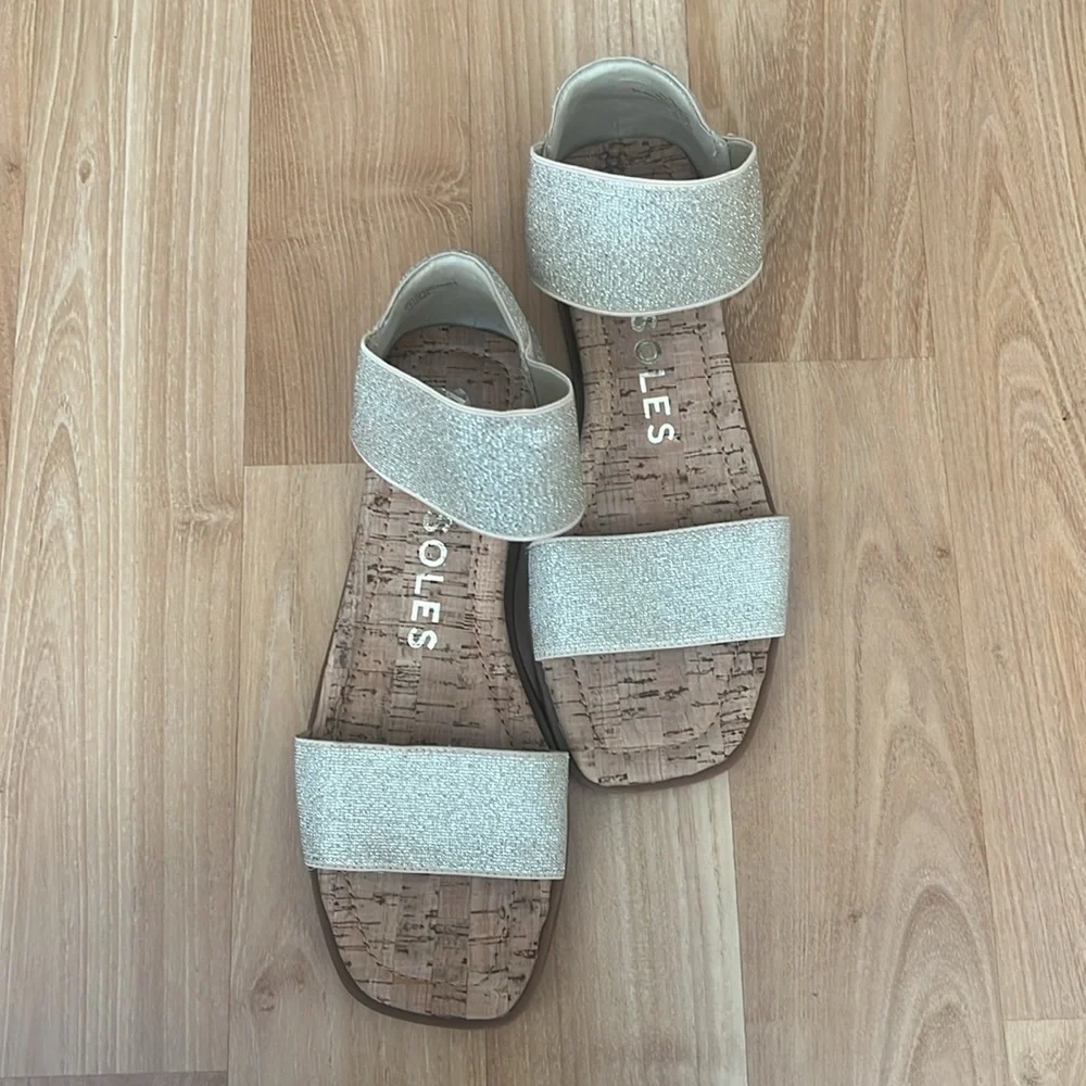 Aerosoles Gold & Silver Glitter Elastic Ankle Strap Cork Flat Sandals Womens 9M